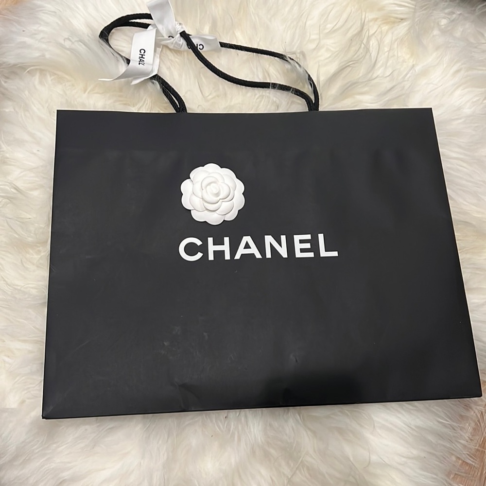 Authentic Chanel shopping bag and ribbon and camelia (multiple sizes available)